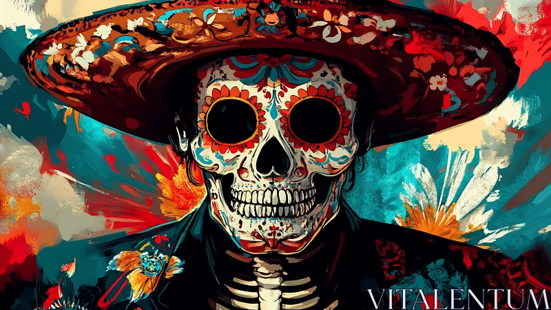 Calavera figure in floral sombrero against abstract backdrop.