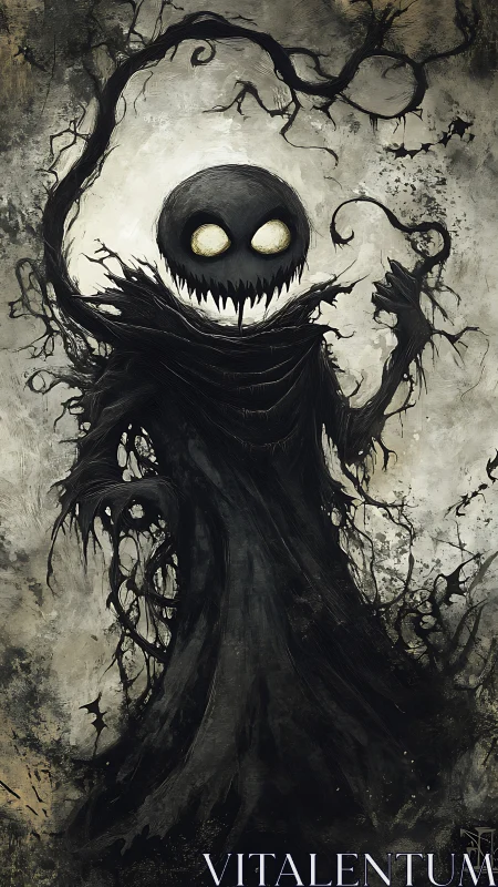 Haunting shadow spirit smiles with eerie, glowing eyes