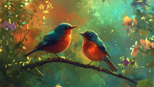Two Colorful Birds on Branch in Lush Digital Art Forest Scene.