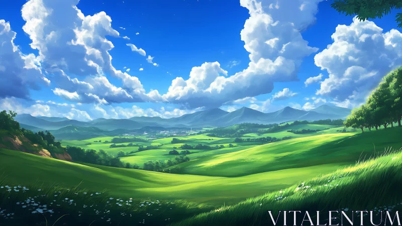 Sunlit green valley stretches beneath towering summer clouds.