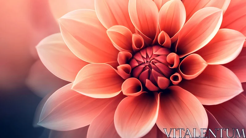 Coral Dahlia Bloom with Layered Petals in Soft Focus.