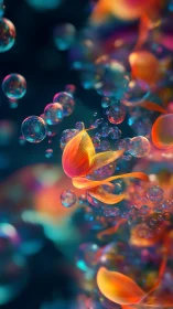 Orange abstract petals float among translucent bubbles