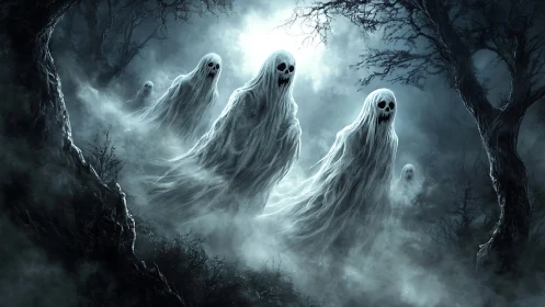 Row of spectral ghosts drifting through a dark forest.