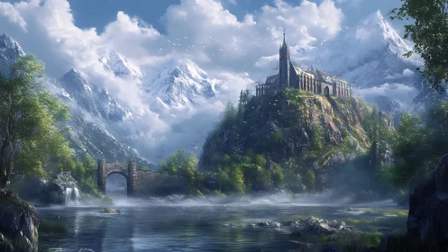 Gothic mountain citadel overlooks misty river valley