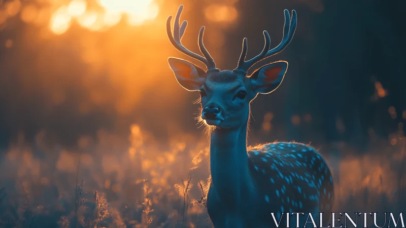 Golden dusk stag bathing in sapphire forest hush.