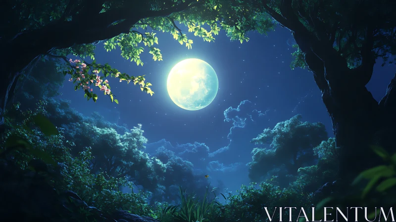Cave opening reveals luminous full moon through verdant foliage.