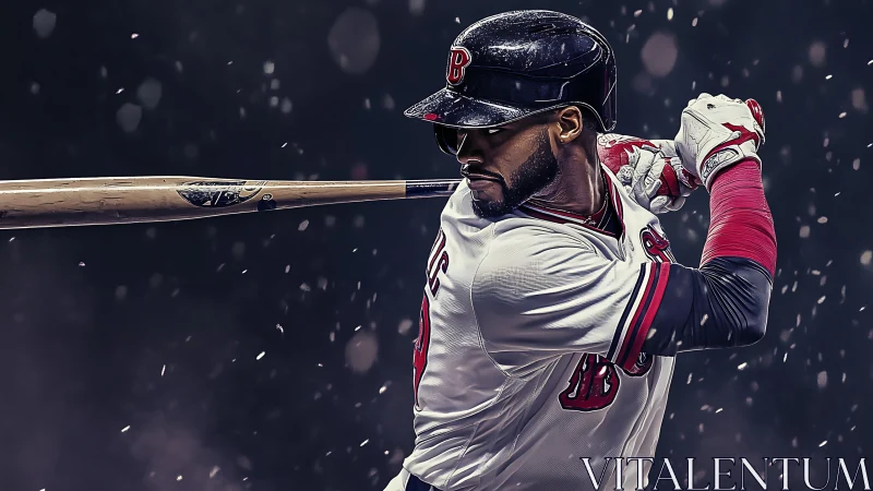 Right-handed baseball batter preparing swing under lights.