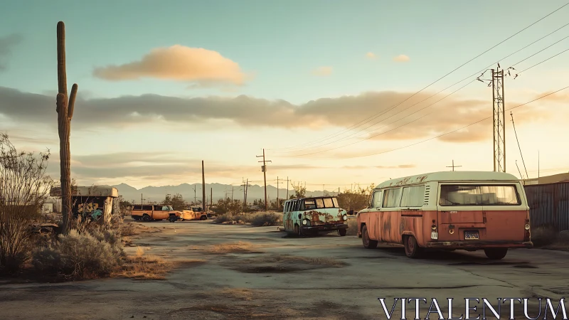 Rusty desert caravans linger where sunlight forgets time