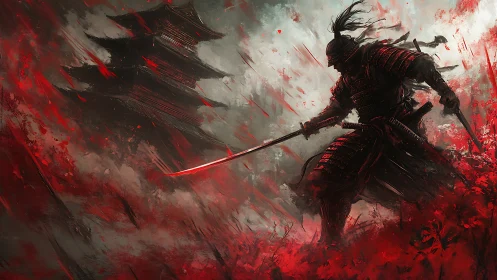 Armored samurai advances through red battlefield smoke