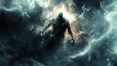 Cosmic shadow strides through stormlit nebula tides