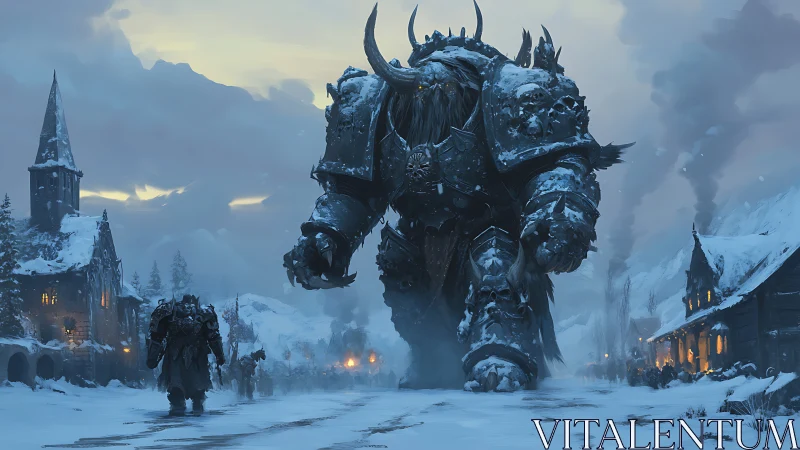 Giant armored warbeast advances through a burning snowbound village.