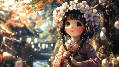 Young girl in floral kimono admires a lantern-lit spring festival.