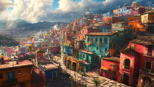 Hillside settlement of dense, multicolored houses under clouds.