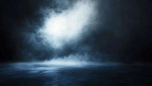Soft misty spotlight drifting across a quiet dark stage.
