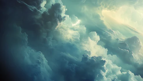 Dreamlike teal clouds swirling toward a gentle hidden sun.