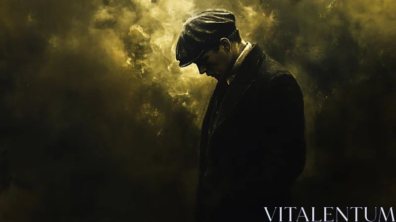 Solitary man in flat cap within golden atmospheric haze