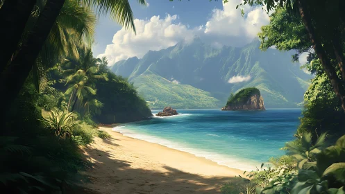 Tropical Paradise Beach Cove Framed by Lush Vegetation.