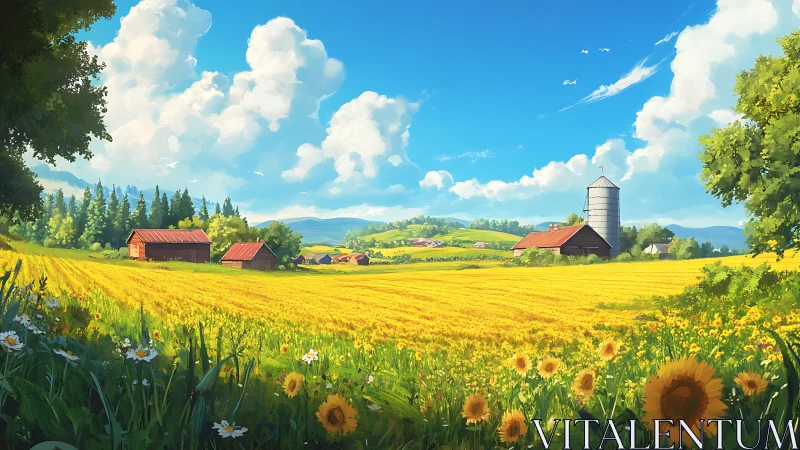 Sunlit rural farmland panorama with golden flower fields.
