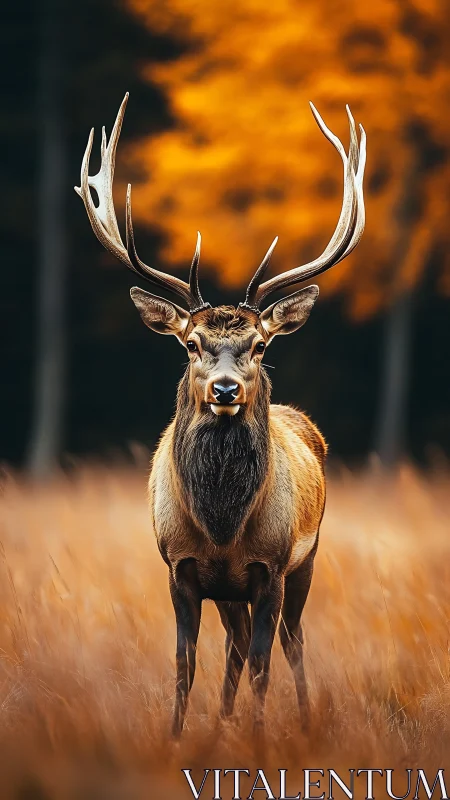 Majestic red deer stag in autumn meadow, shallow DOF portrait