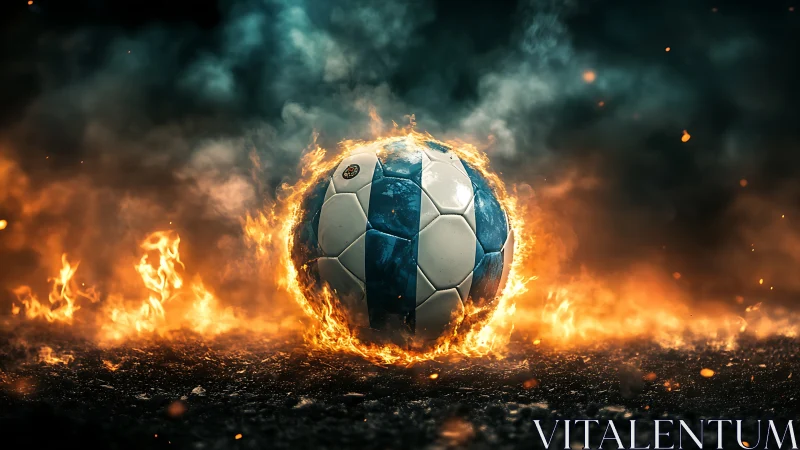 Blazing blue soccer ball rolls through a storm of swirling fire