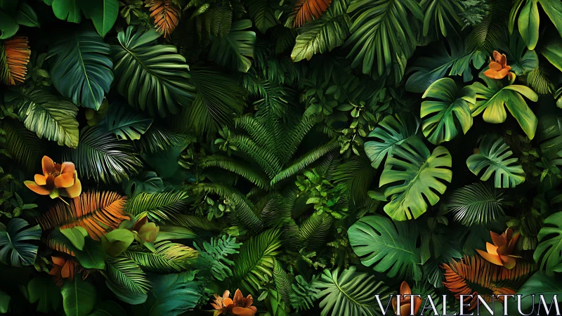 Lush jungle leaves and bright blooms in a cozy green wall.