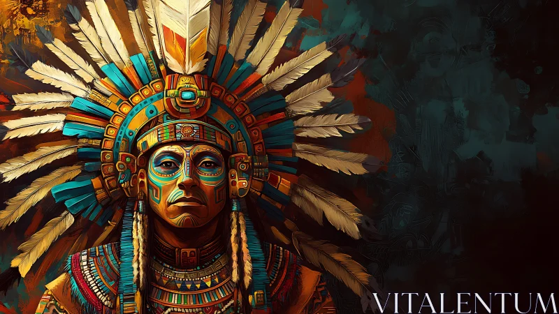 Indigenous figure in feathered headdress with patterned armor.