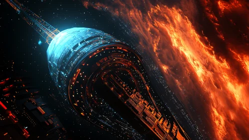 Stellar orbital tower skimming a blazing cosmic storm.