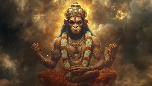 Mythic simian deity in luminous meditative cloudscape digital art.