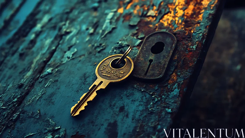 Brass key lies on rusted metal surface beside keyhole plate