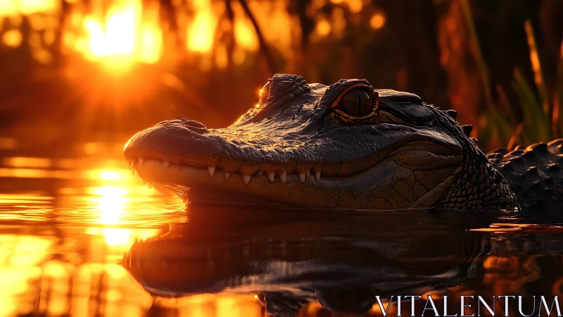 Crocodile head cuts molten sunset water with reflective glare
