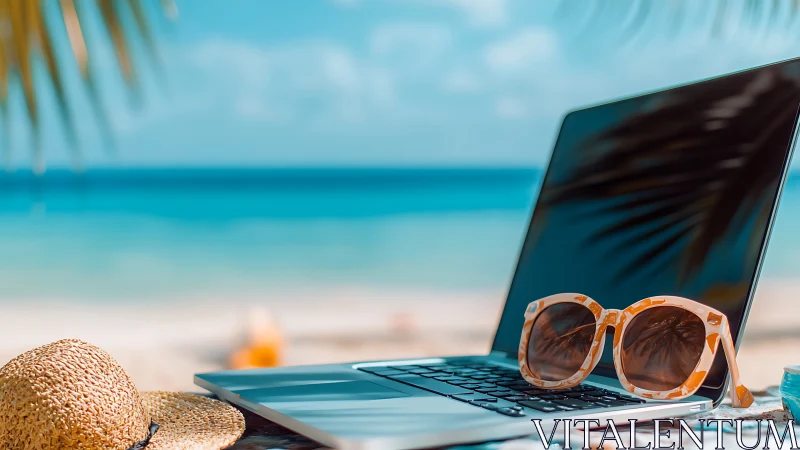 Laid-back beach workspace with sunlit laptop and shades.