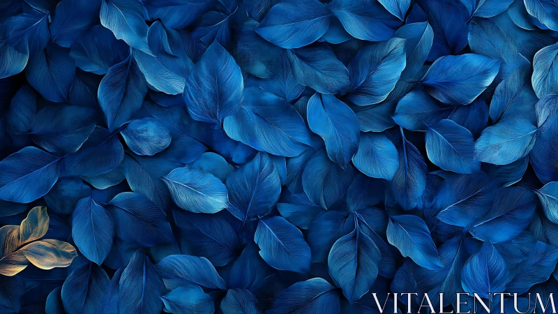 Dense pattern of layered blue leaves with golden accent.