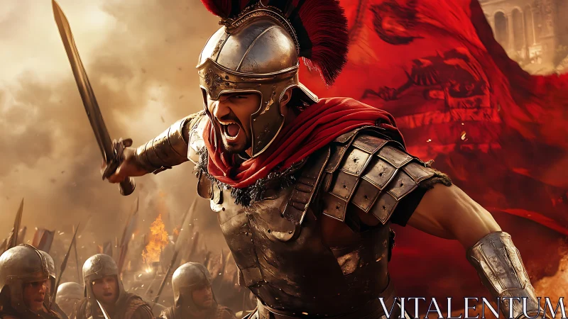 Roman-style armored soldier advances with raised sword in battle