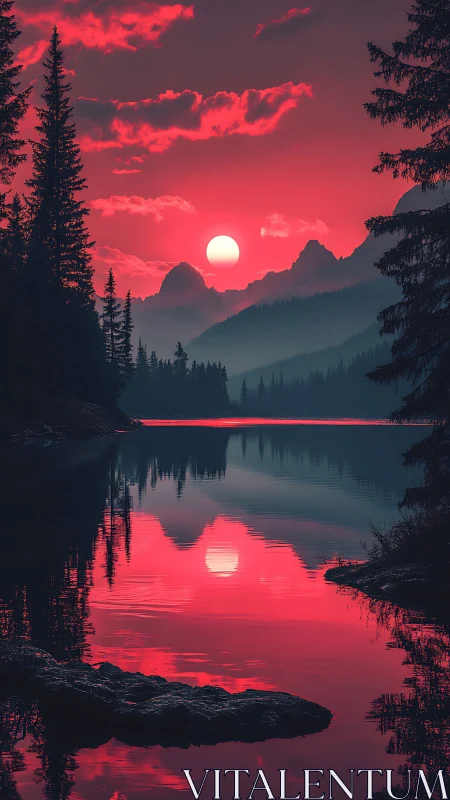 Crimson alpine sunset mirrors over still forest lake.