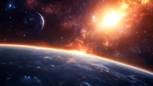 Planetary horizon under blazing stellar sunrise in space.