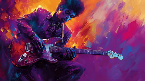 Electric guitarist immersed in neon chromatic brushwork solo.