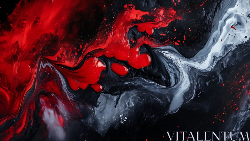 Red, black and white fluid abstraction with swirling motion.