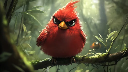 Grumpy Red Cartoon Bird on Branch in Lush Forest, Digital Art.