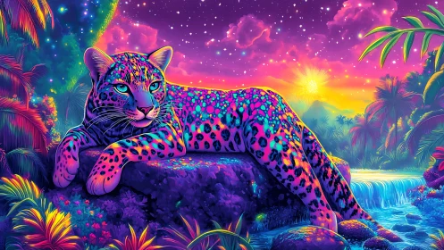 Neon leopard positioned on rock formation in tropical environment