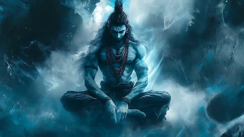 Mystical blue yogi rests in calm meditation amid swirling mist