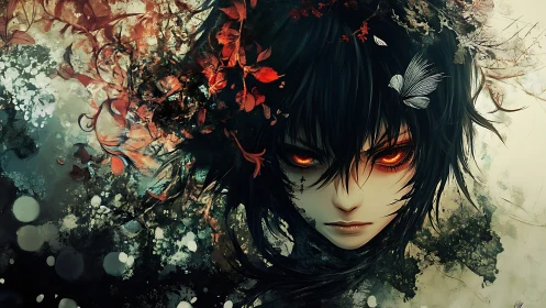 Enigmatic anime portrait merges fiery gaze with organic chaos