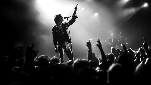 Rock vocalist commands stage under dramatic concert lights.