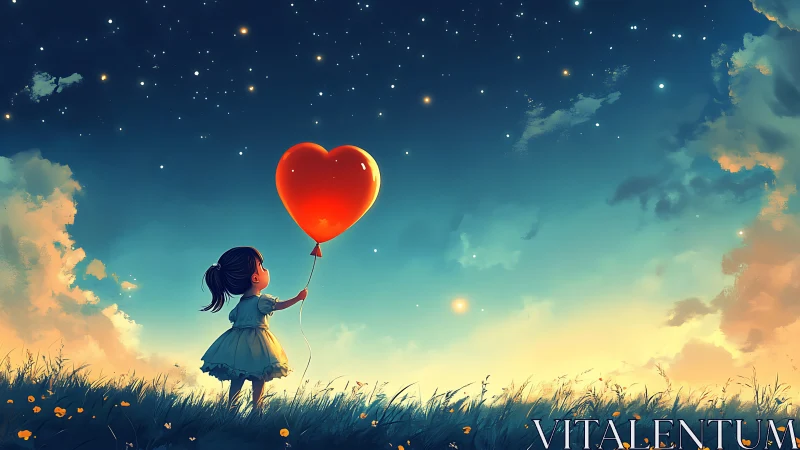 Girl Holding Heart-Shaped Balloon in Dreamlike Field at Dusk.