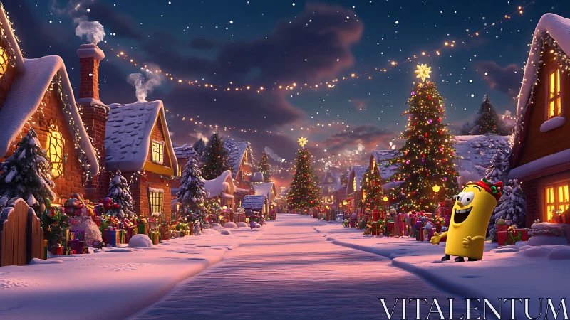 Snow-covered holiday village street with stylized 3D mascot character