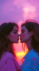 Two women almost kissing under vivid pink sunset sky.