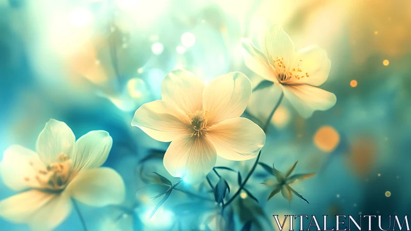 Delicate Blooms Dancing in Golden Turquoise Light.