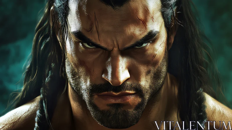 Battle-hardened warrior portrait with intense glare.
