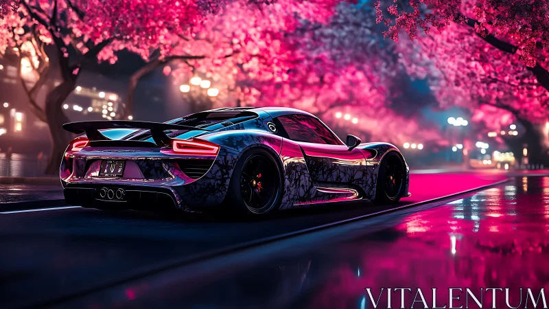 Midnight hypercar drifts through neon cherry blossom reverie