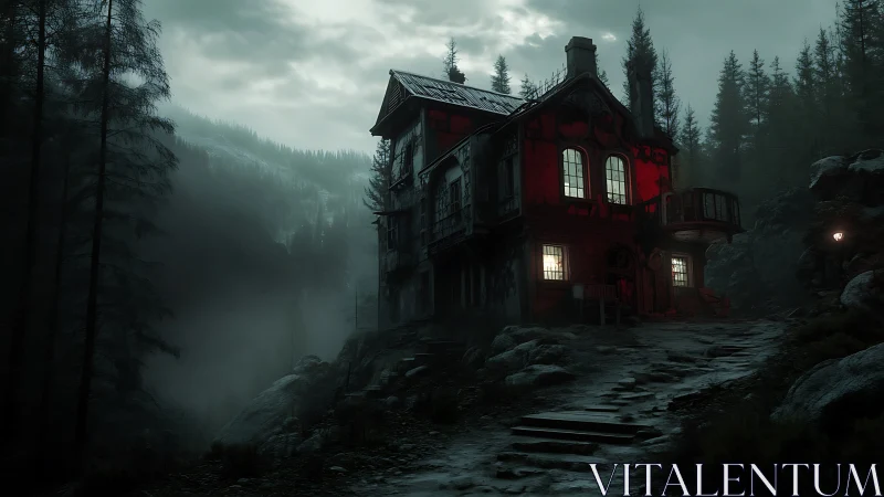 Gothic forest manor at dusk with ominous red facade lighting