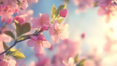 Pink Cherry Blossoms Against Blue Sky.